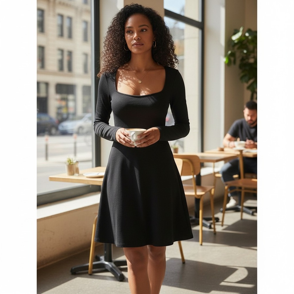 PrettyLittleThing Black Midi Dress Square Neck Long Sleeve Bodycon Party Y2K